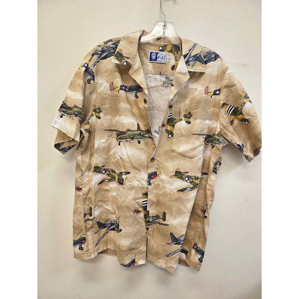 RJC Hawaiian Shirt Mens Large Vintage WWII Military Warbird Airplane Aloha Tan